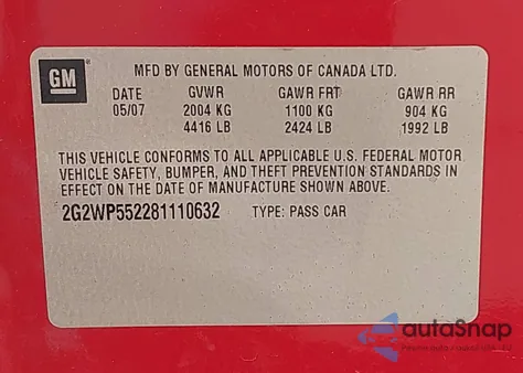 2008 Pontiac Grand Prix from USA, damaged, VIN 2G2WP552281110632